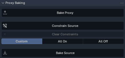 The three main operator button's for AnimFlow's Proxy Baking workflow.