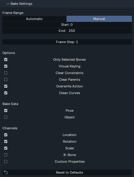Bake Settings options for AnimFlow's Proxy Baking.